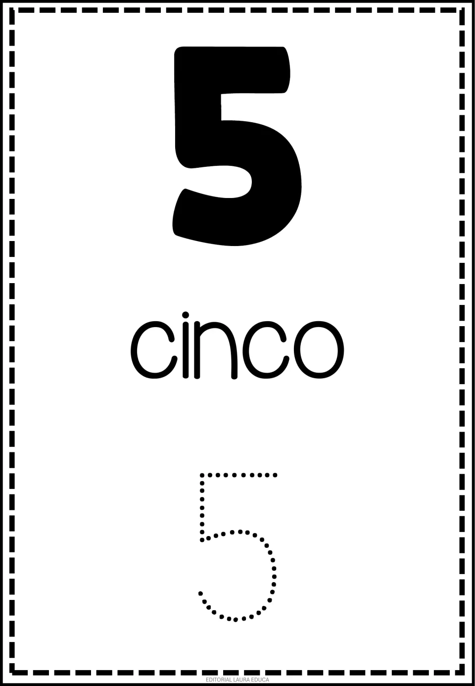 Spanish number flashcard 5 of 50: numeral 5, the word cinco (five), and a dotted numeral 5 to trace.