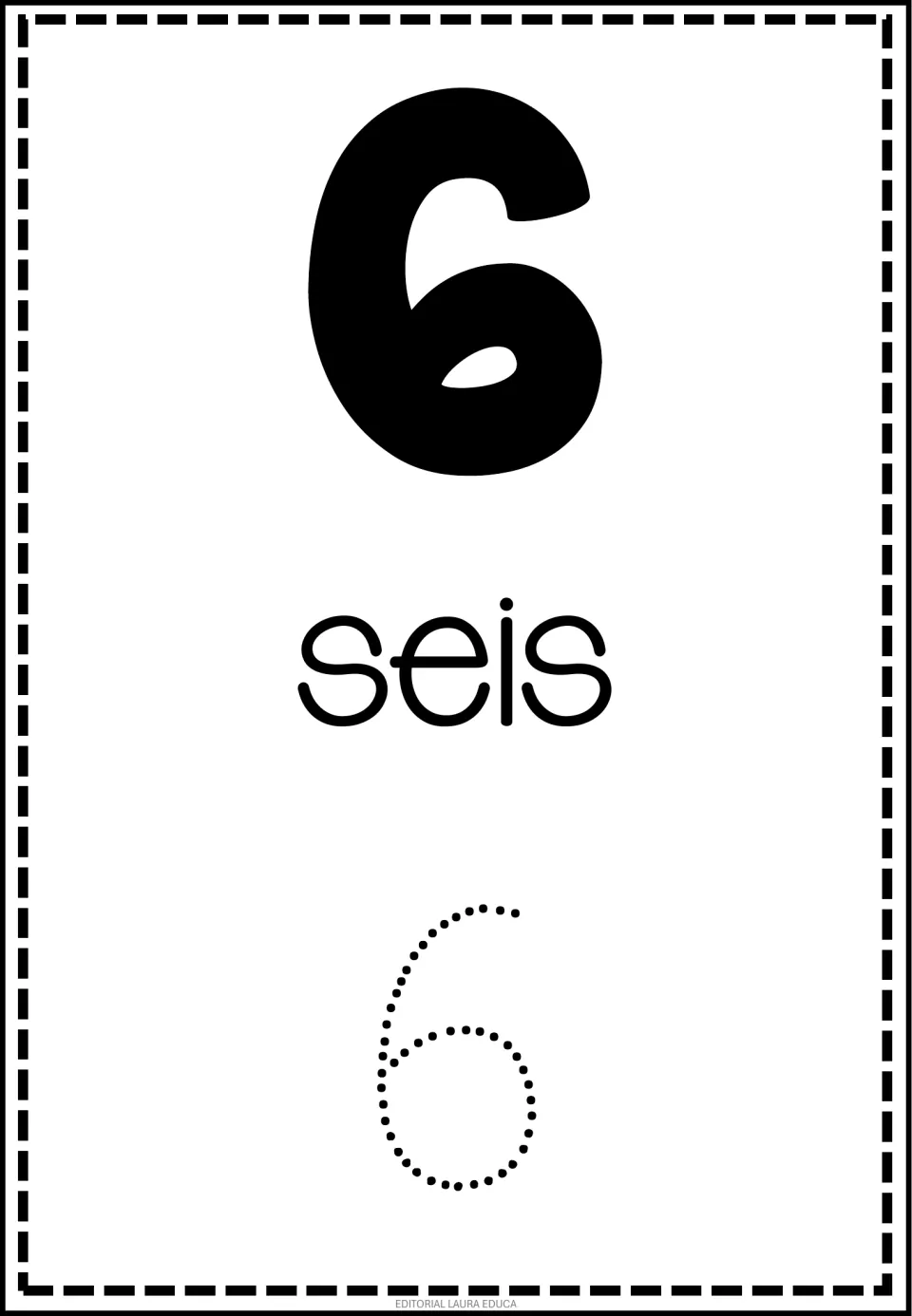 Spanish number flashcard 6 of 50: numeral 6, the word seis (six), and a dotted numeral 6 to trace.