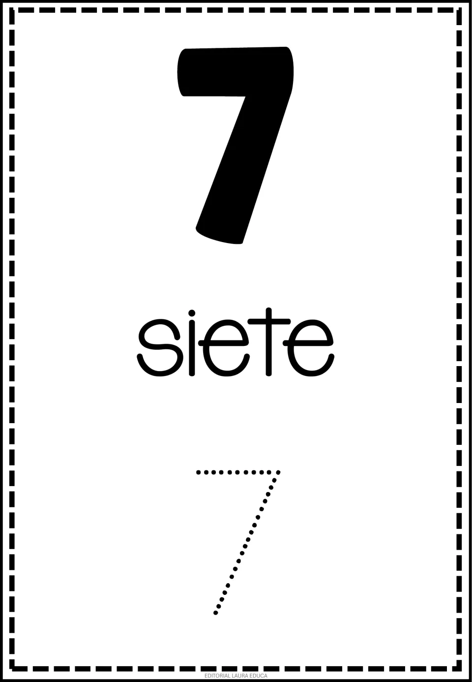 Spanish number flashcard 7 of 50: numeral 7, the word siete (seven), and a dotted numeral 7 to trace.