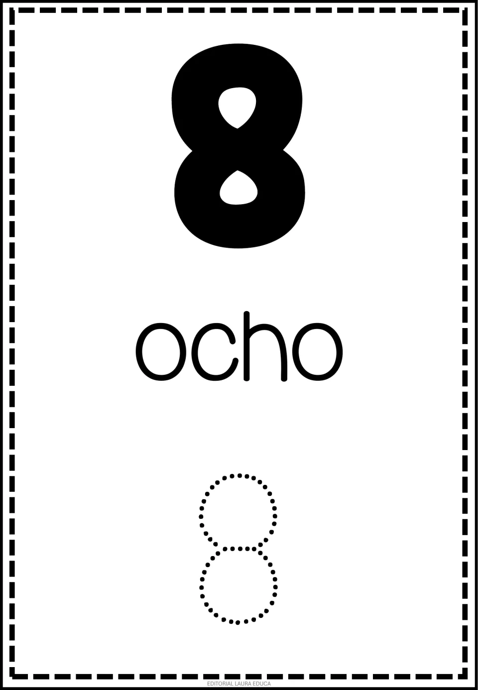 Spanish number flashcard 8 of 50: numeral 8, the word ocho (eight), and a dotted numeral 8 to trace.