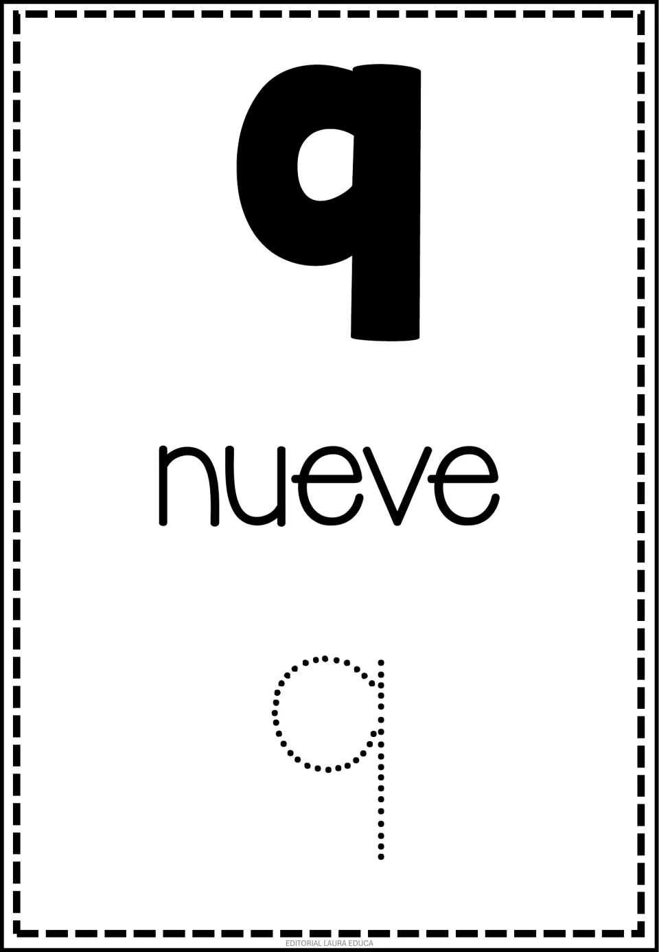 Spanish number flashcard 9 of 50: numeral 9, the word nueve (nine), and a dotted numeral 9 to trace.