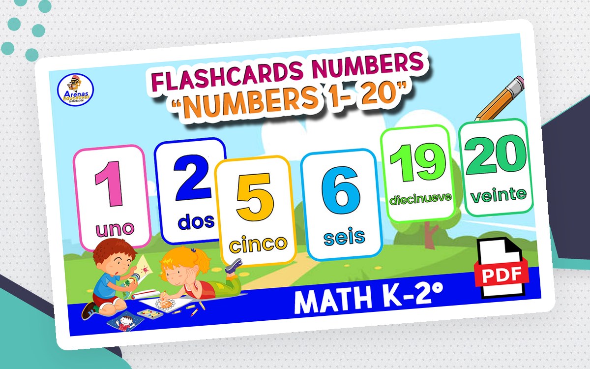 Colorful Numbers 1–20 flashcard cover showing numerals with Spanish words including uno, dos, cinco, seis, diecinueve, and veinte.