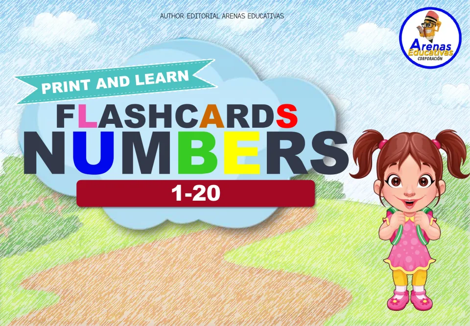 Print and Learn Flashcards Numbers 1-20 cover showing a smiling cartoon girl in pigtails beside a winding path