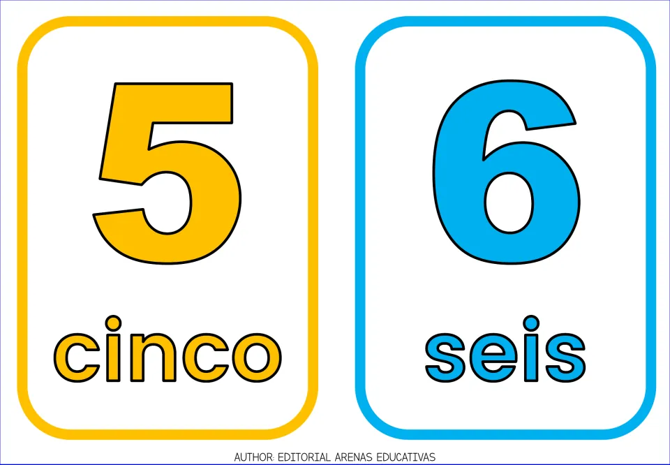 Spanish number flashcards 5 and 6: numerals with the words cinco and seis for matching digit to number word