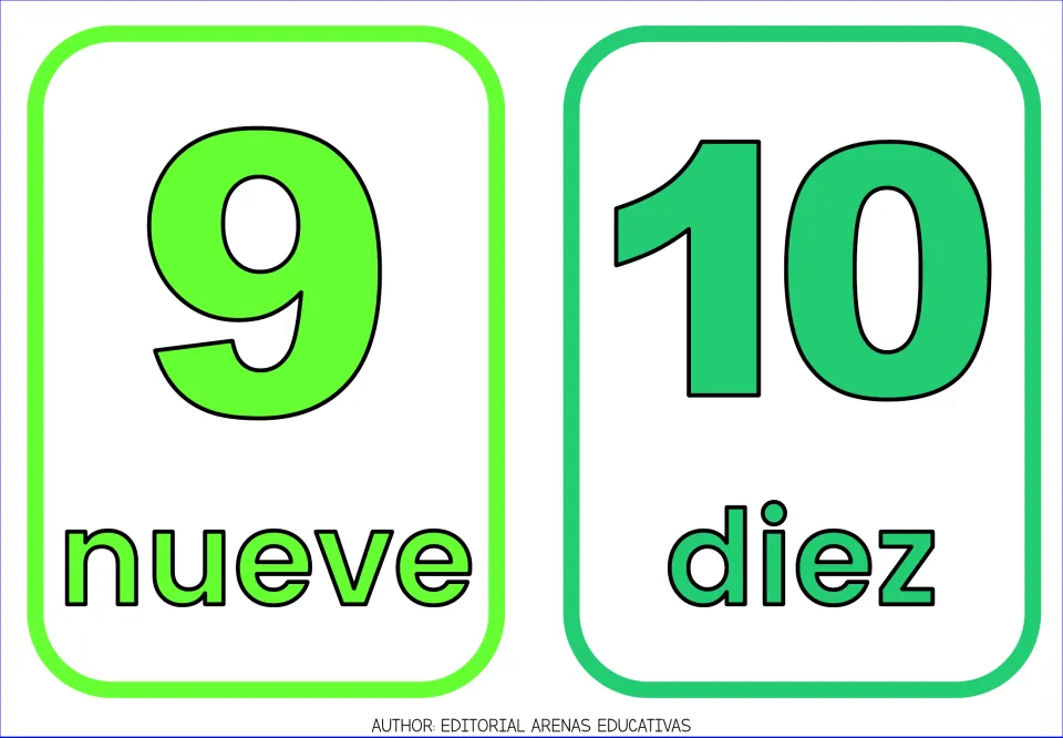 Spanish number flashcards 9 and 10: numerals with the words nueve and diez to read and say each number