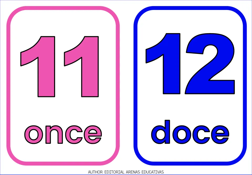 Spanish number flashcards 11 and 12: numerals with the words once and doce to begin the teen numbers