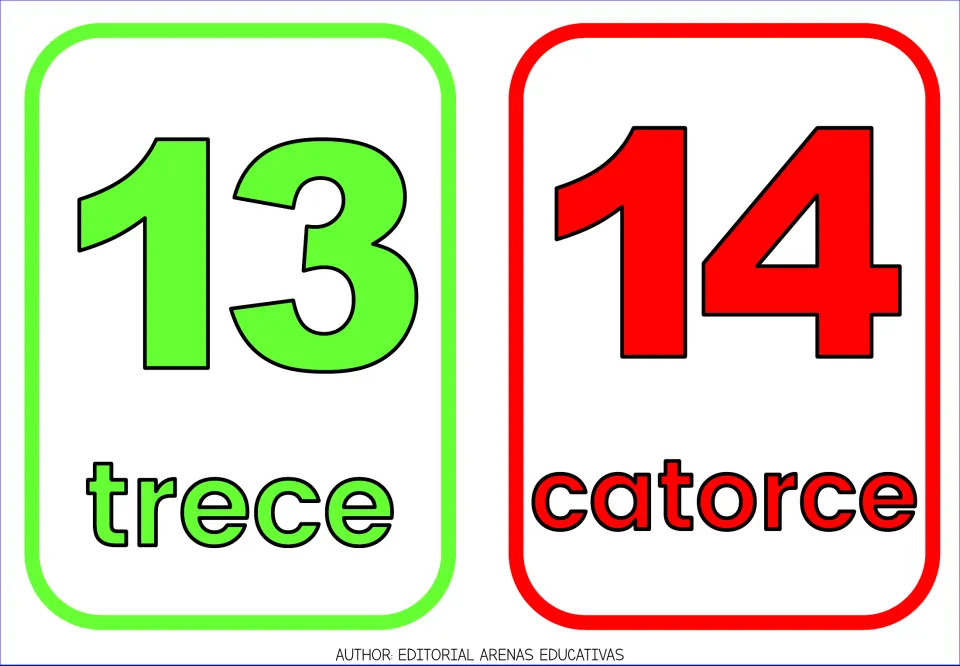 Spanish number flashcards 13 and 14: numerals with the words trece and catorce for saying teen numbers