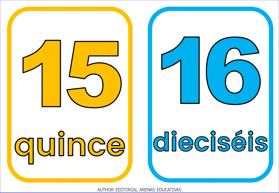 Spanish number flashcards 15 and 16: numerals with the words quince and dieciséis for teen number names
