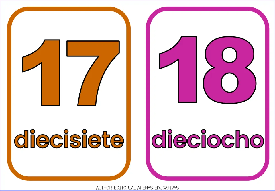 Spanish number flashcards 17 and 18: numerals with the words diecisiete and dieciocho for teen number words