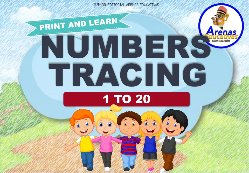 Numbers Tracing 1 to 20 cover from Arenas Educativas, titled Print and Learn, with five cartoon children walking a path
