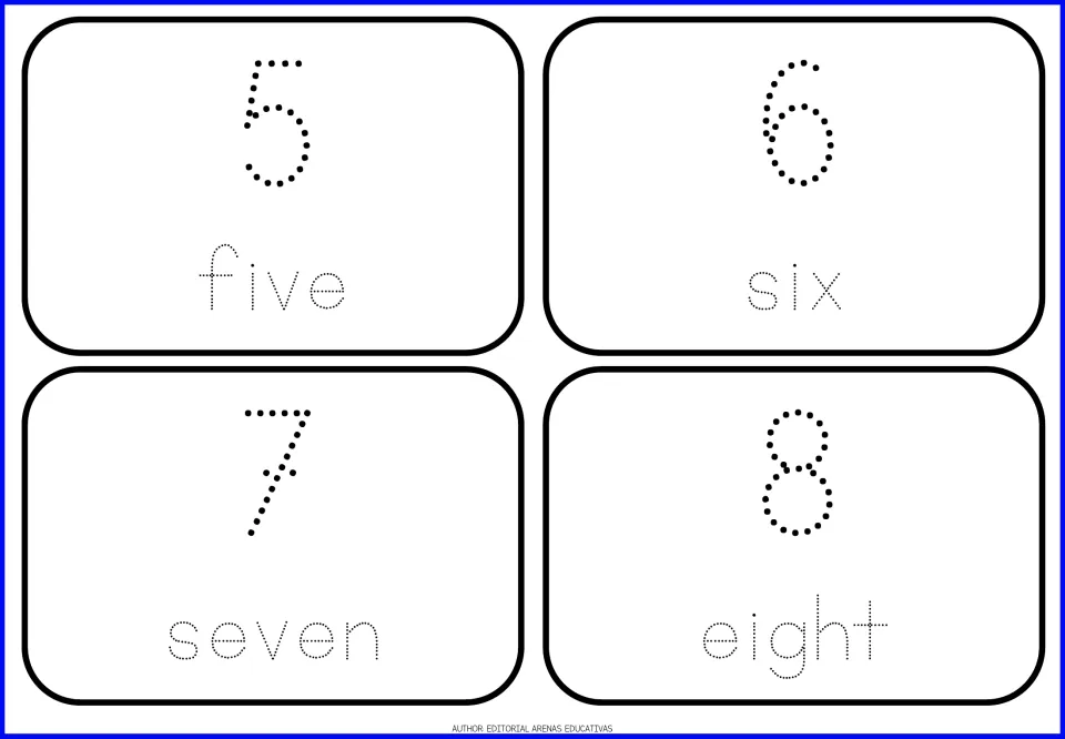 Numbers 5 to 8 cards: students trace the dotted numerals and the matching words five, six, seven and eight