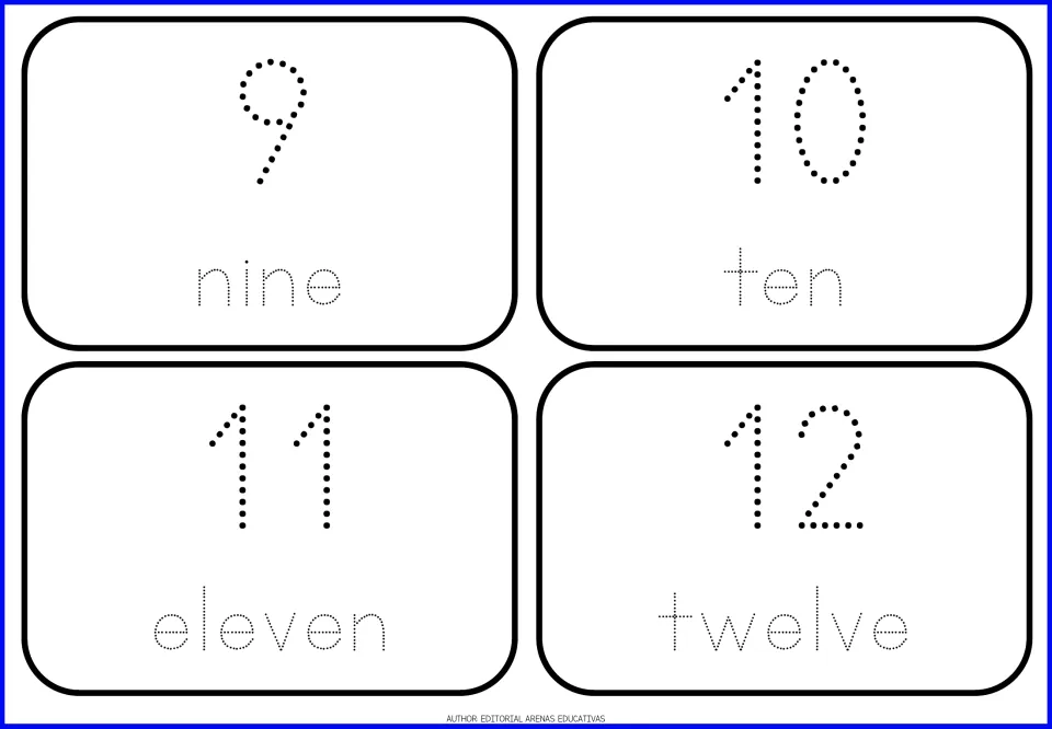 Numbers 9 to 12 cards: students trace dotted numerals and number words nine, ten, eleven and twelve