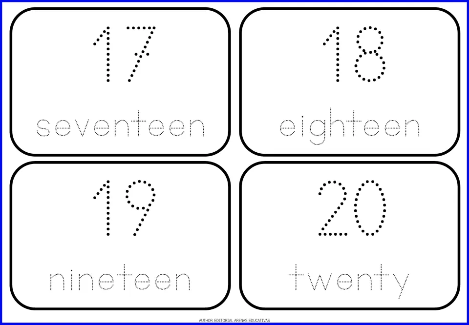 Numbers 17 to 20 cards: students trace dotted numerals and the words seventeen, eighteen, nineteen and twenty