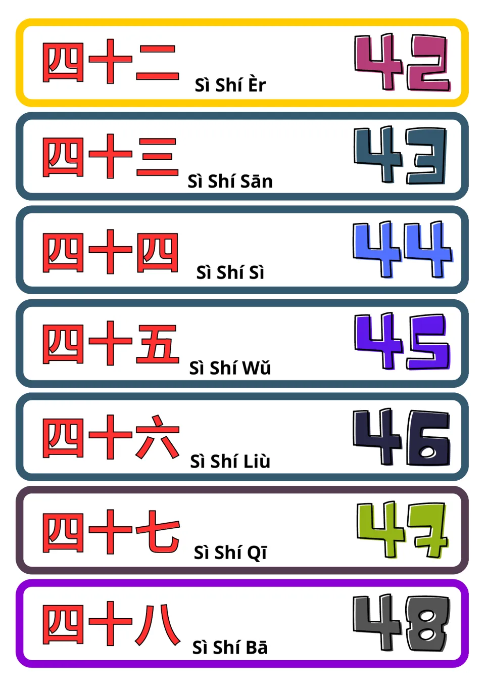 Chinese number flashcards 42–48: seven cards pairing simplified Chinese characters and pinyin with numerals.