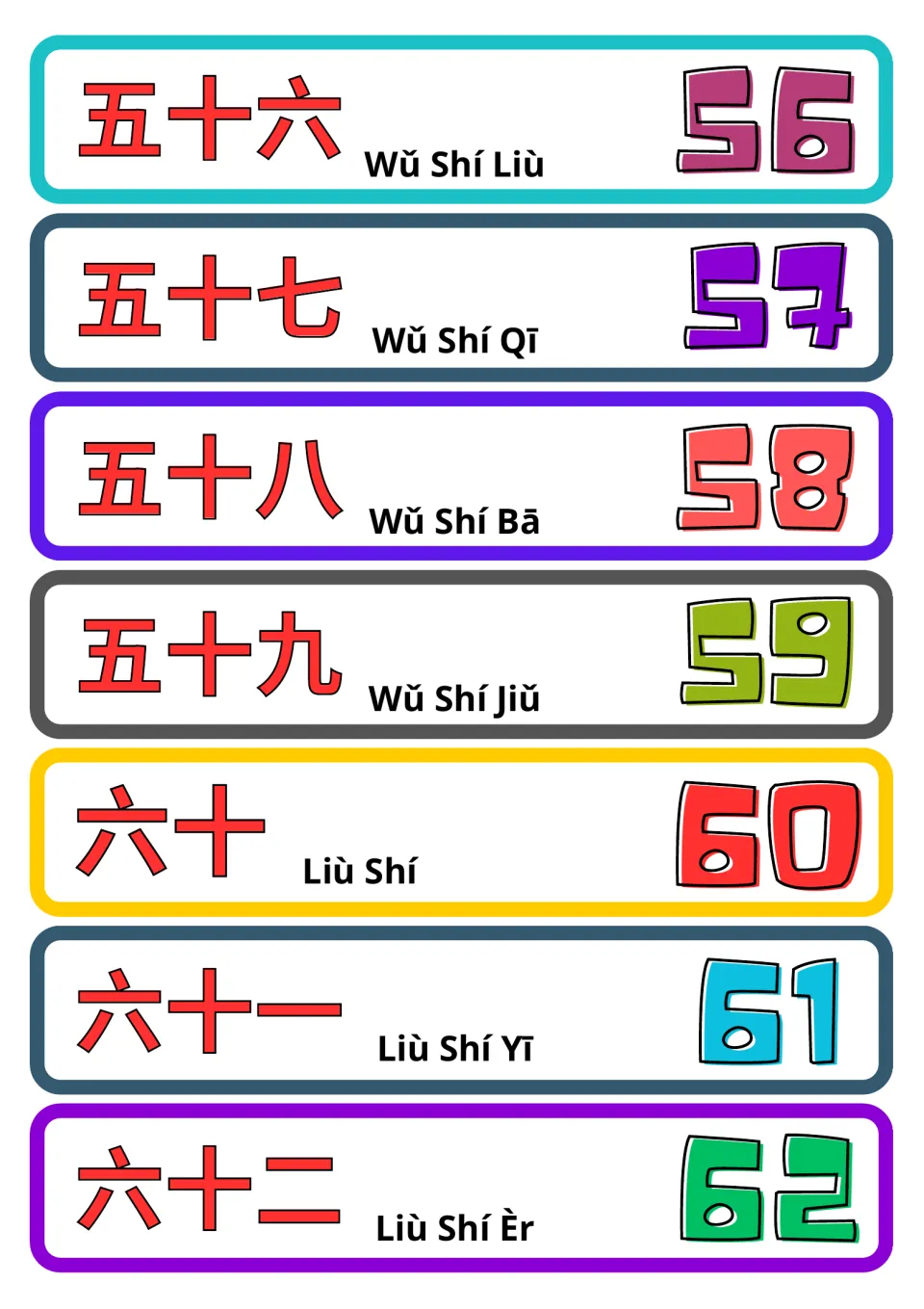 Chinese number flashcards 56–62: seven cards pairing simplified Chinese characters and pinyin with numerals.