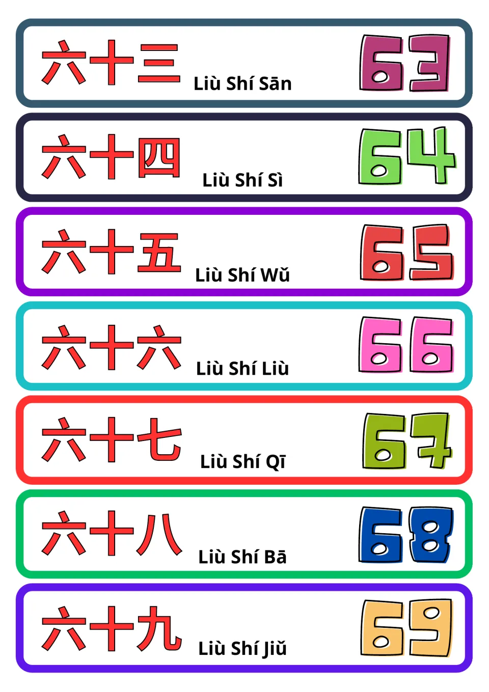 Chinese number flashcards 63–69: seven cards pairing simplified Chinese characters and pinyin with numerals.