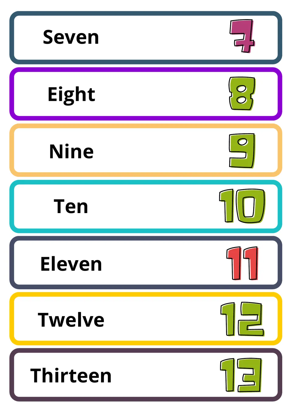 Number words 7 to 13: flashcards match Seven, Eight, Nine, Ten, Eleven, Twelve and Thirteen to their bold colored numerals