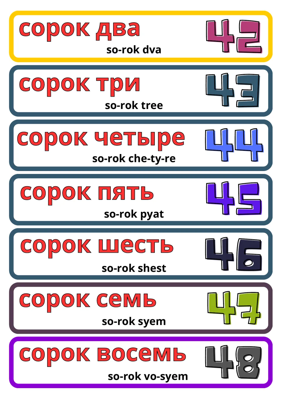 Russian number flashcards 42–48 (forty-two–forty-eight), with Cyrillic words and pronunciation guides