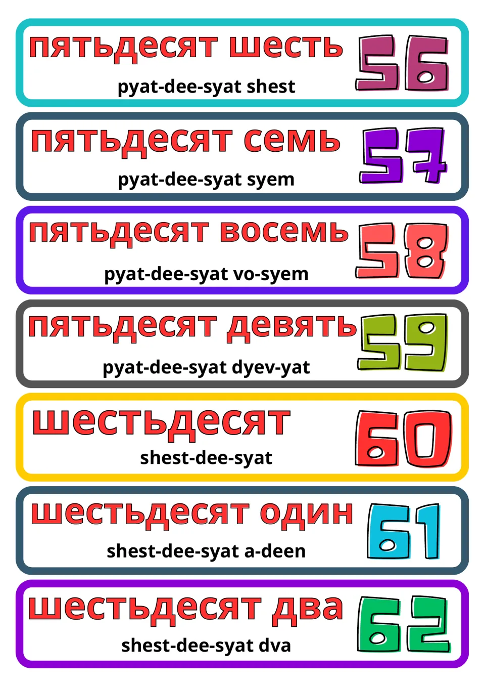 Russian number flashcards 56–62 (fifty-six–sixty-two), with Cyrillic words and pronunciation guides