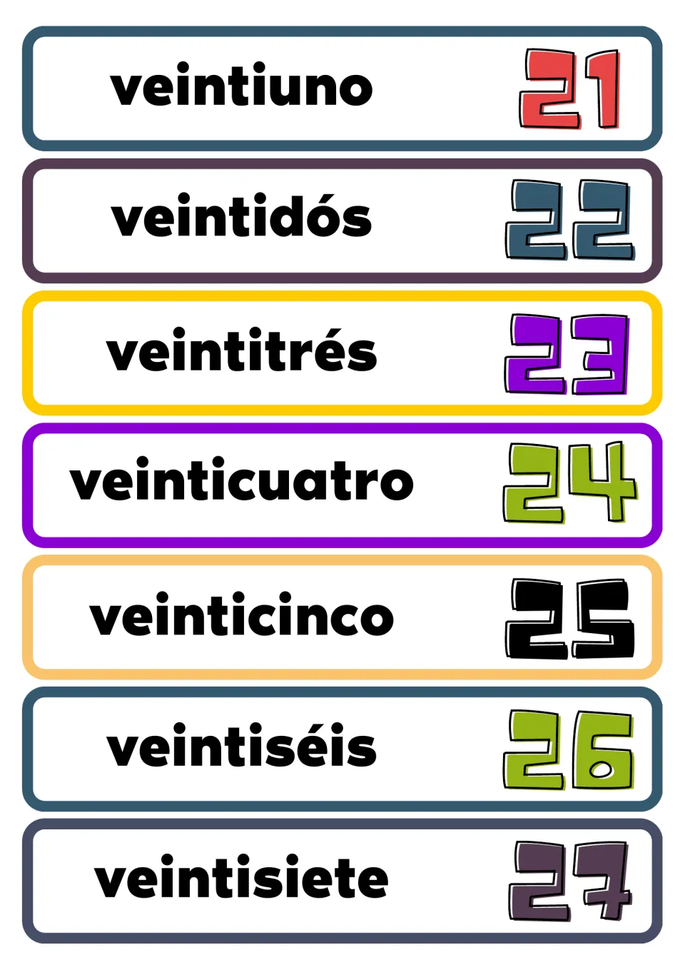 Spanish number flashcards for 21–27, including veintiuno (twenty-one), with each word paired with its numeral.
