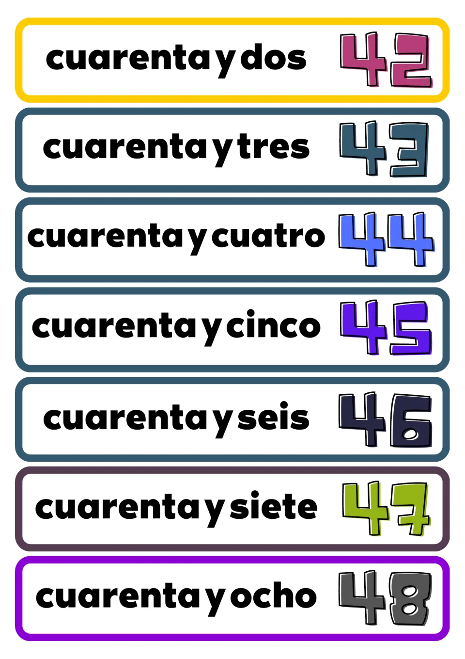 Spanish number flashcards for 42–48, including cuarenta y dos (forty-two), paired with matching numerals.