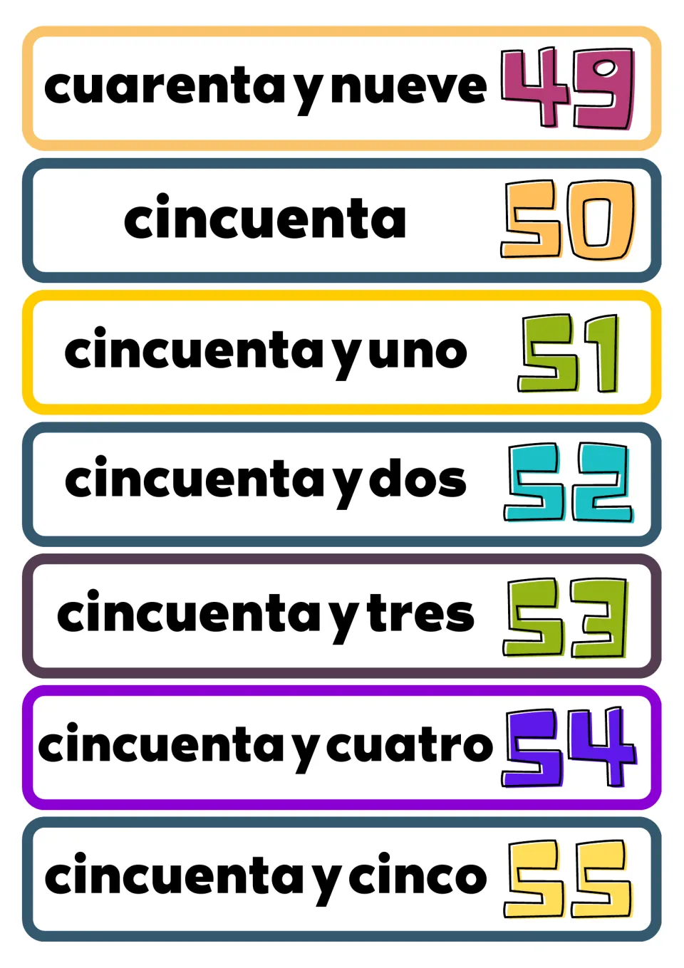 Spanish number flashcards for 49–55, including cincuenta (fifty), paired with their matching numerals.