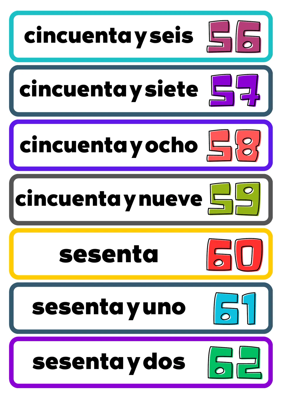 Spanish number flashcards for 56–62, including sesenta (sixty), with each number name paired with its numeral.