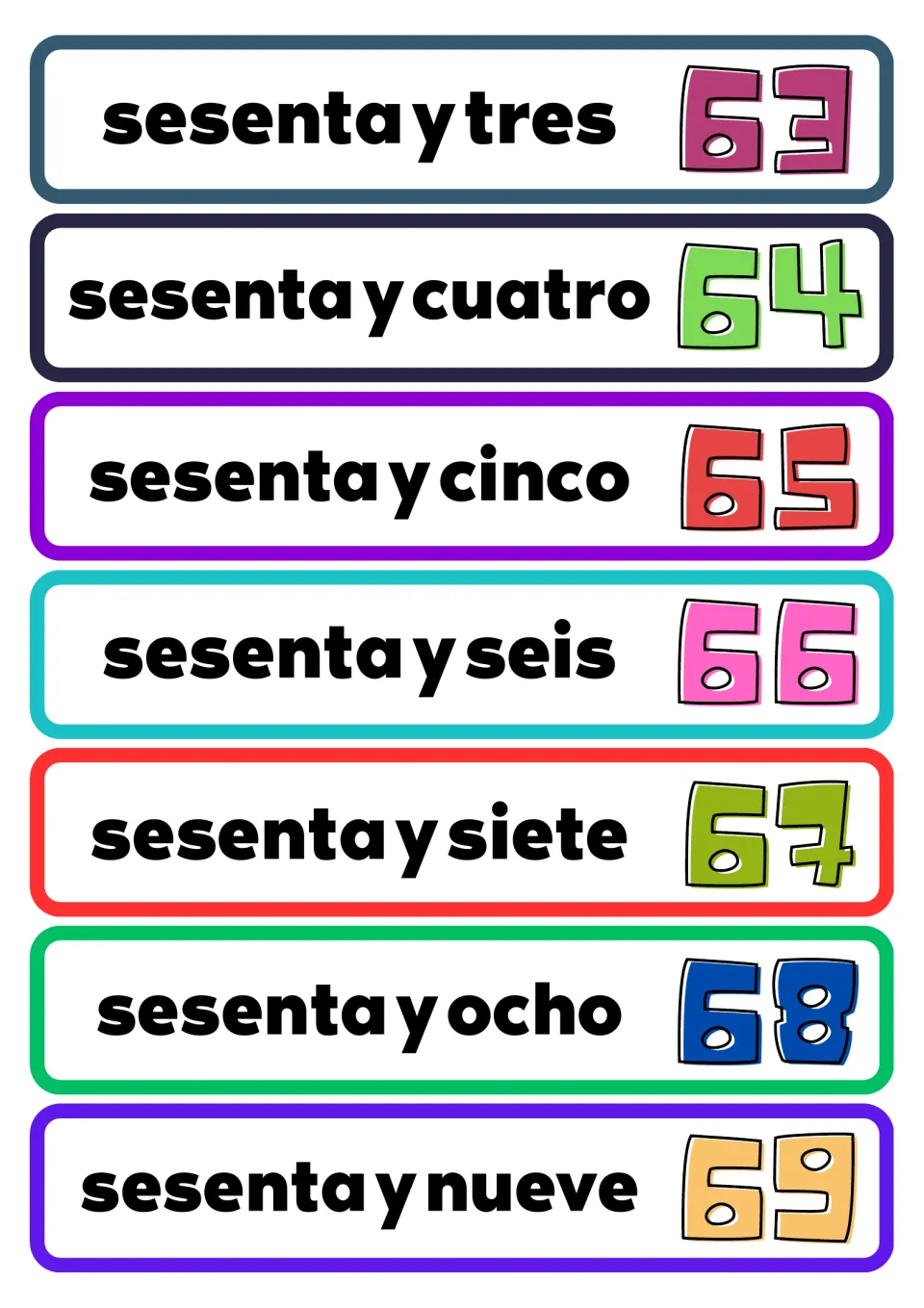 Spanish number flashcards for 63–69, including sesenta y tres (sixty-three), paired with matching numerals.
