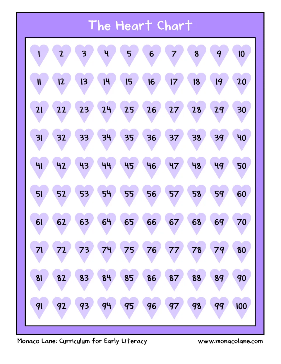 The Heart Chart: numbers 1 to 100 shown in purple hearts, ten per row, for counting by ones and tens to 100