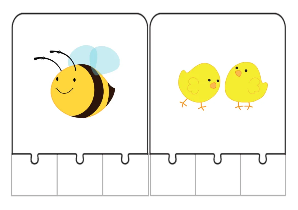Counting jigsaw puzzles 1–2 show one bee and two chicks for matching animal quantities to number words.
