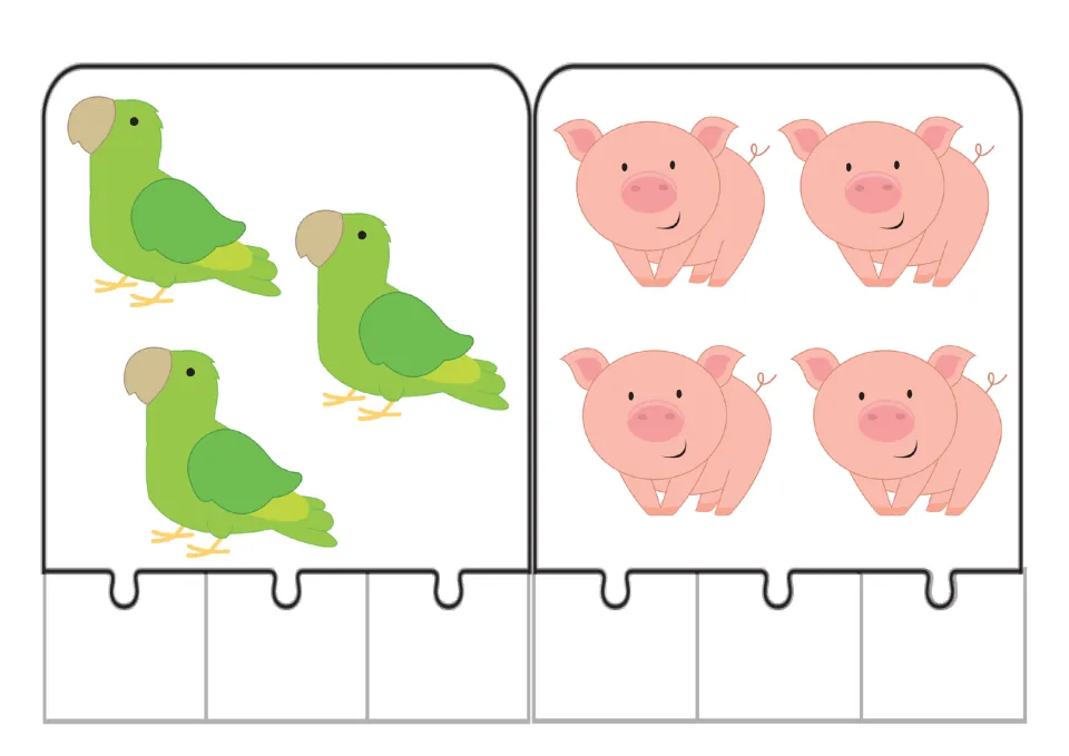 Counting jigsaw puzzles 3–4 show three parrots and four pigs for matching quantities to number words.