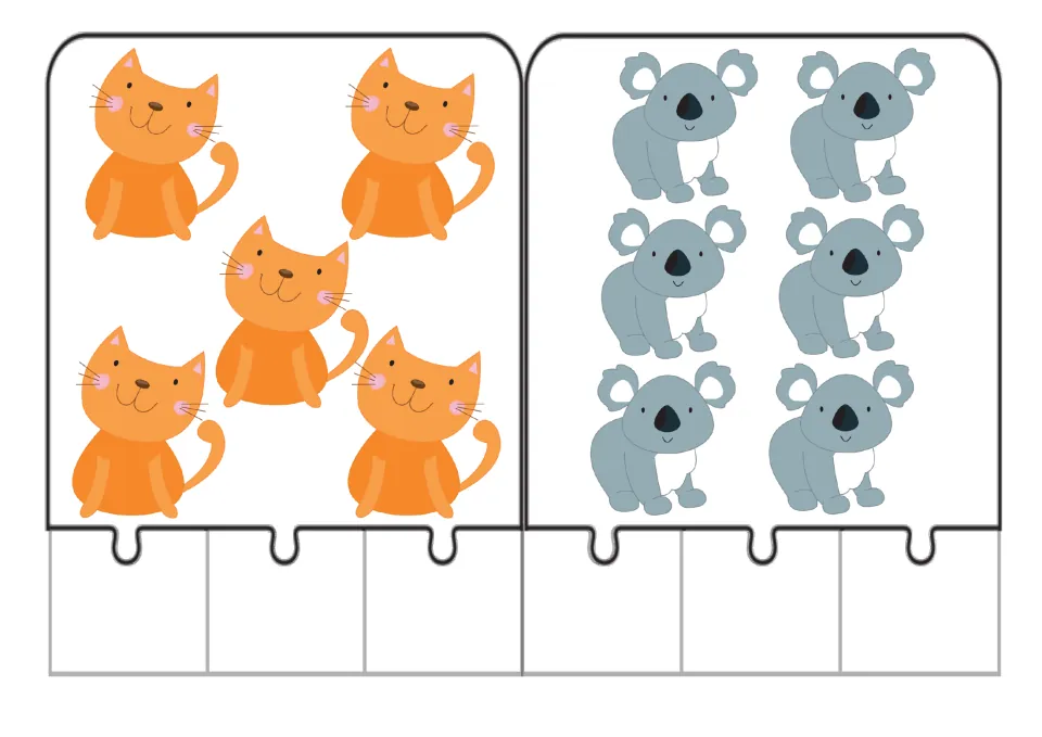 Counting jigsaw puzzles 5–6 show five cats and six koalas for matching animal counts to number words.