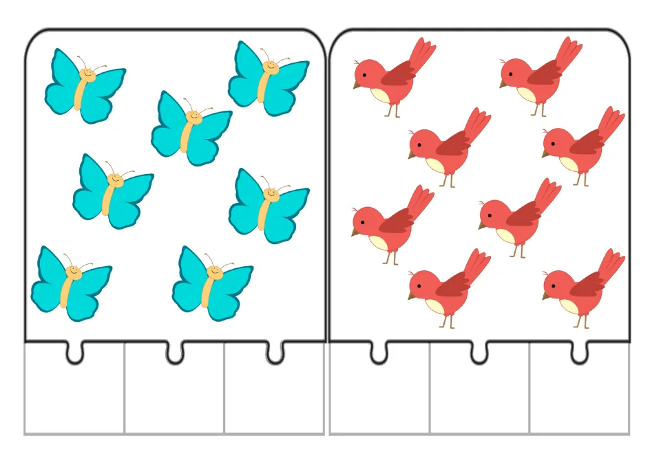 Counting jigsaw puzzles 7–8 show seven butterflies and eight birds for matching counts to number words.