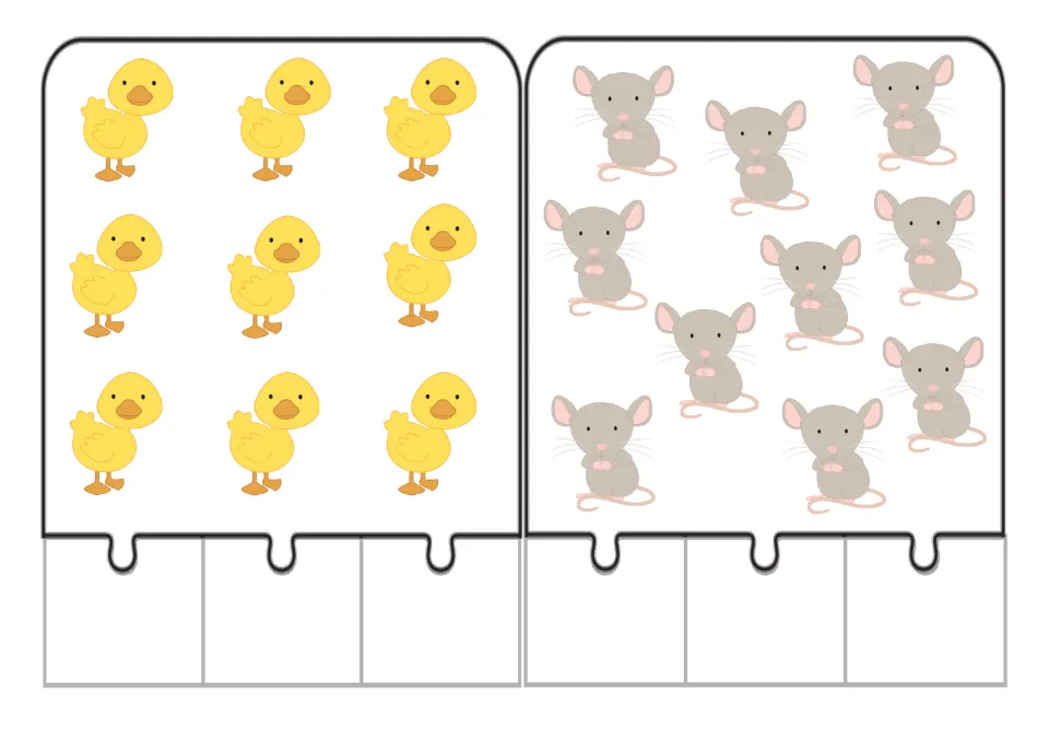Counting jigsaw puzzles 9–10 show nine ducks and ten mice for matching animal counts to number words.