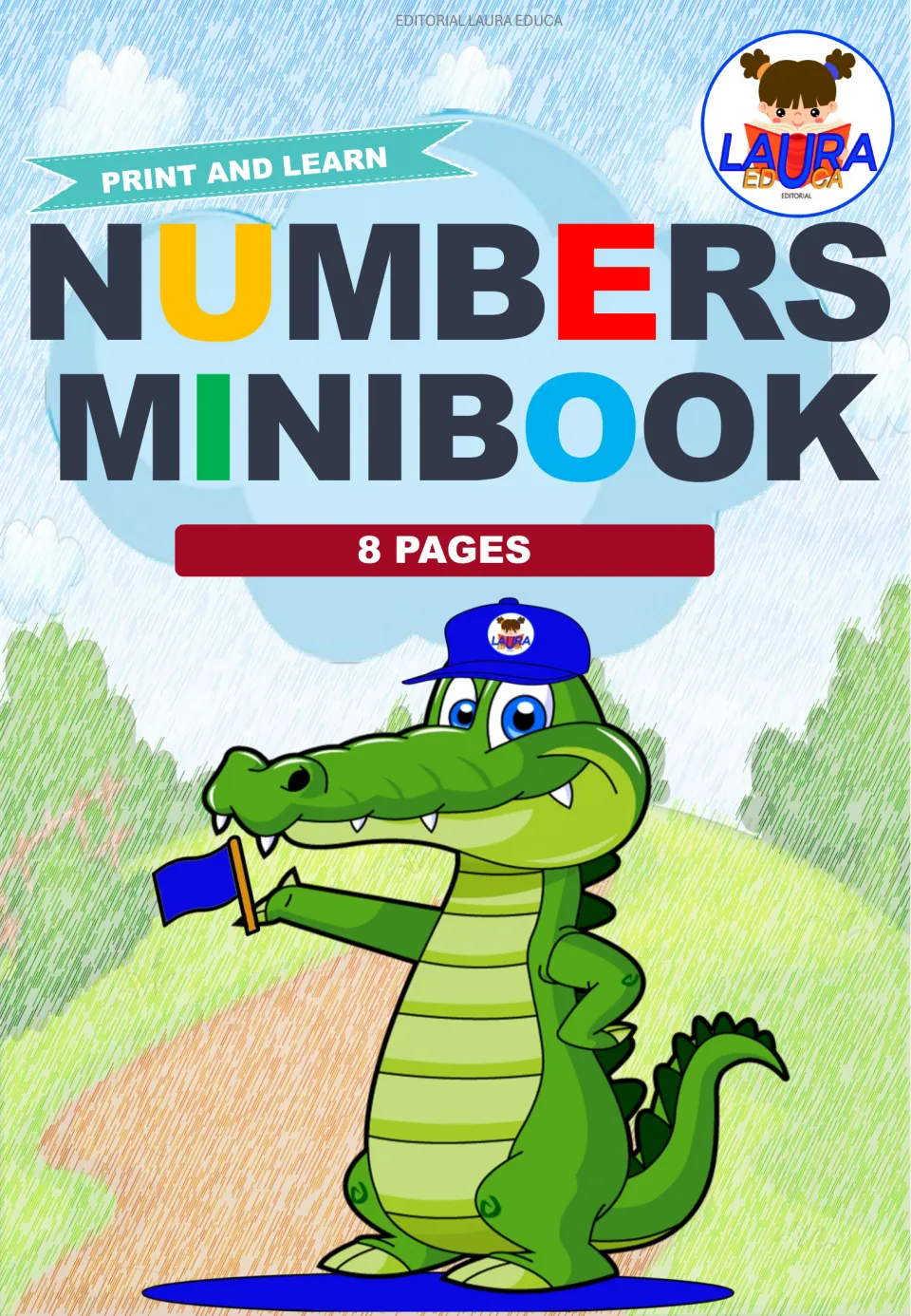 Cover of Numbers Minibook, labeled 'Print and Learn' and '8 Pages,' from Editorial Laura Educa