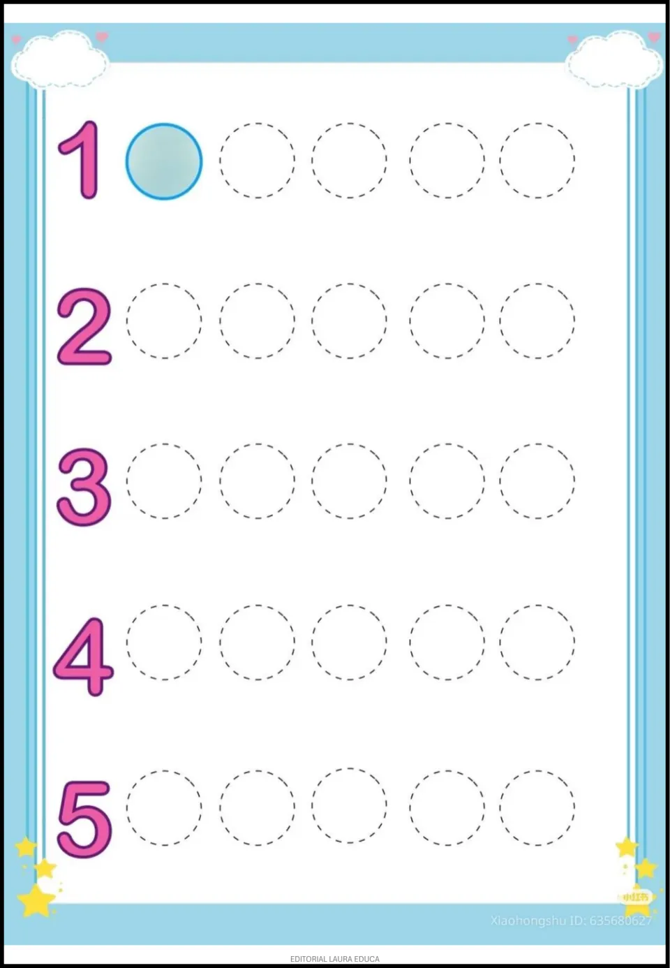 Counting activity for numbers 1–5, each paired with five circles; one circle beside 1 is colored