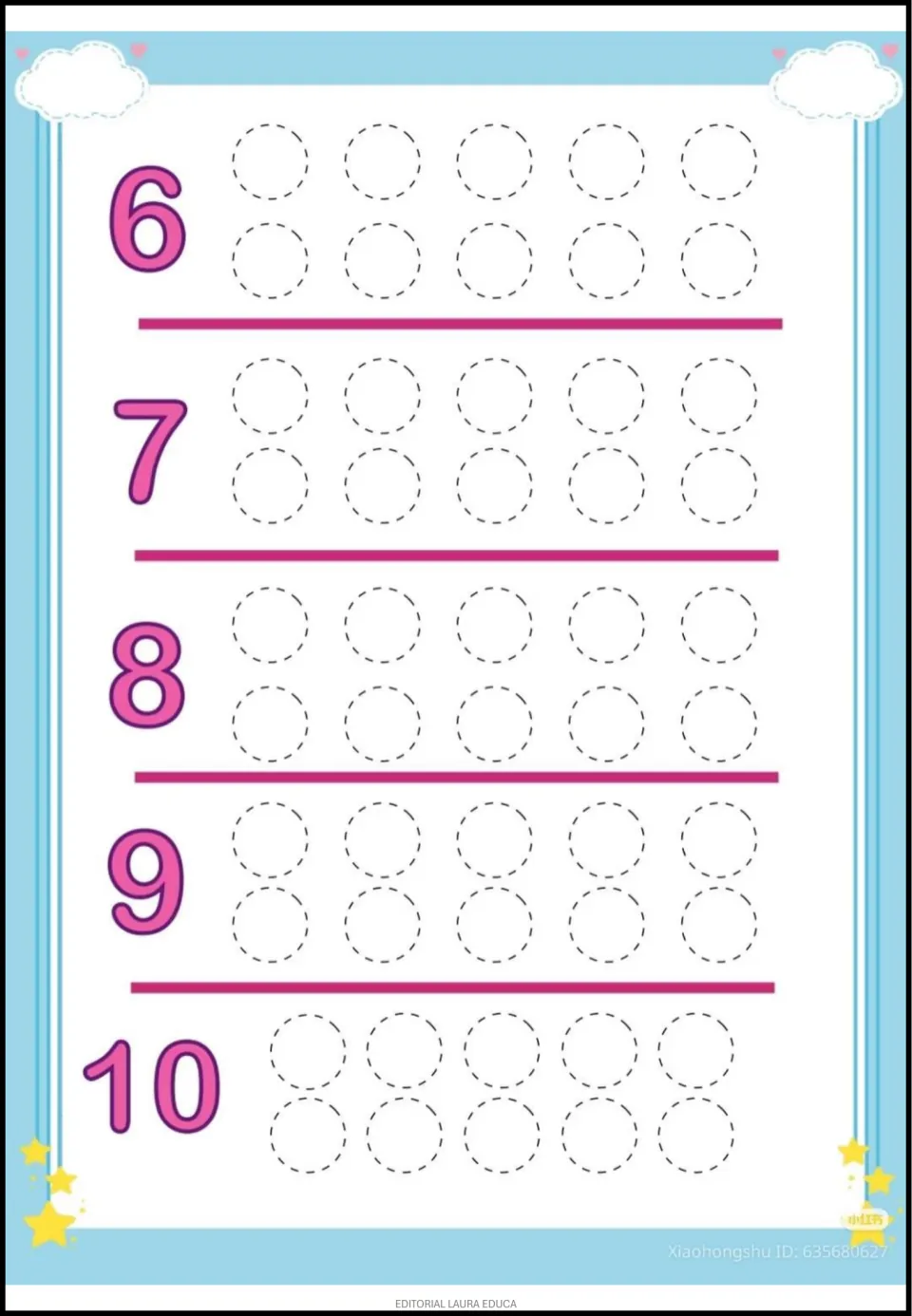 Counting activity for numbers 6–10, each paired with ten empty circles for representing the quantity