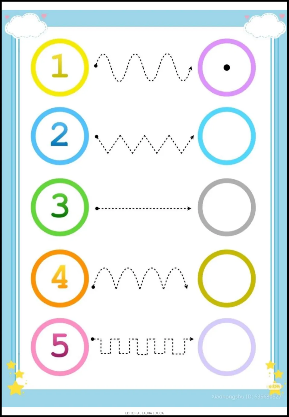 Tracing activity for numbers 1–5 using wavy, zigzag, straight, arched, and stepped paths to circles