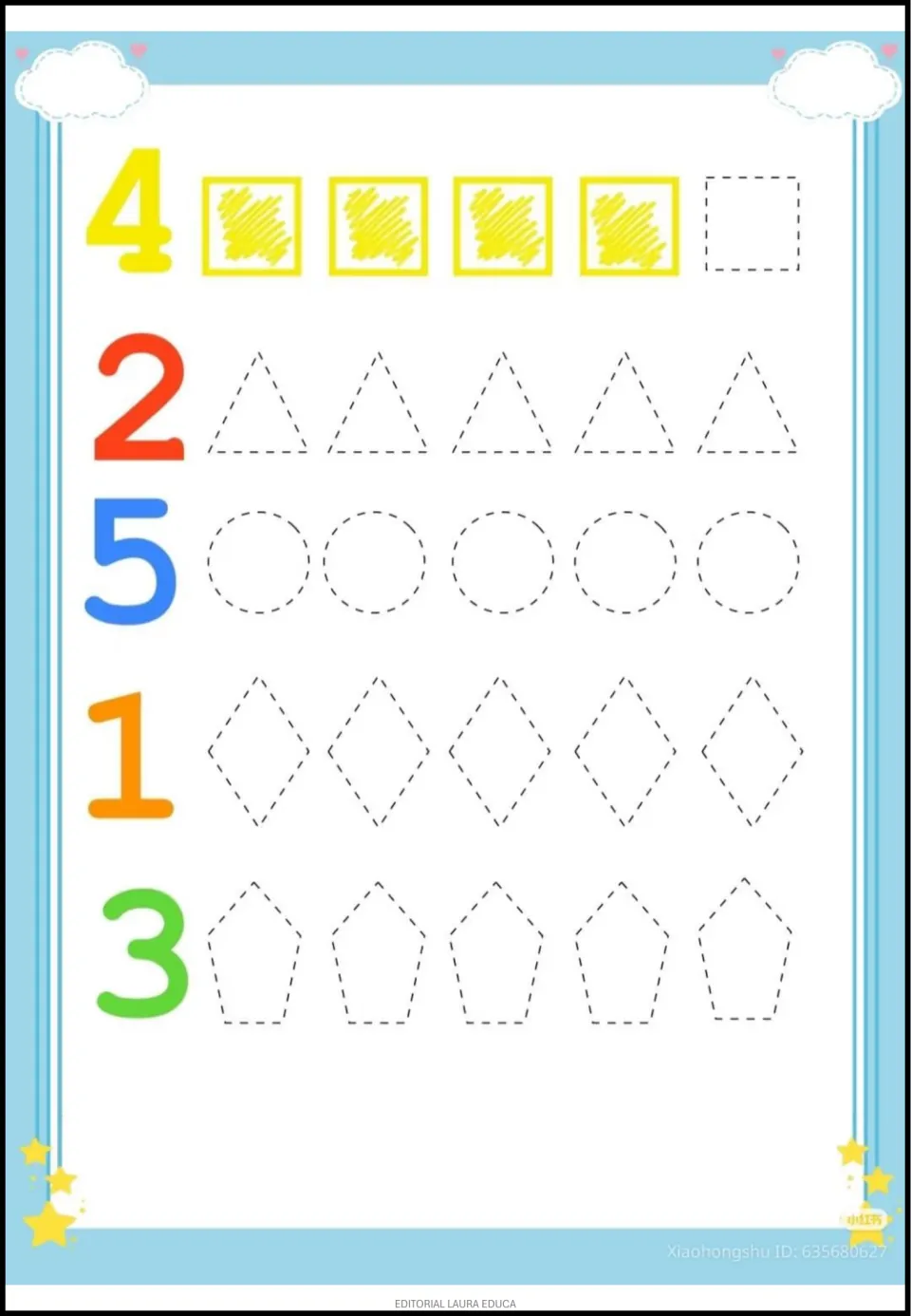 Shape coloring activity labeled 4, 2, 5, 1, and 3, with four yellow squares completed as an example