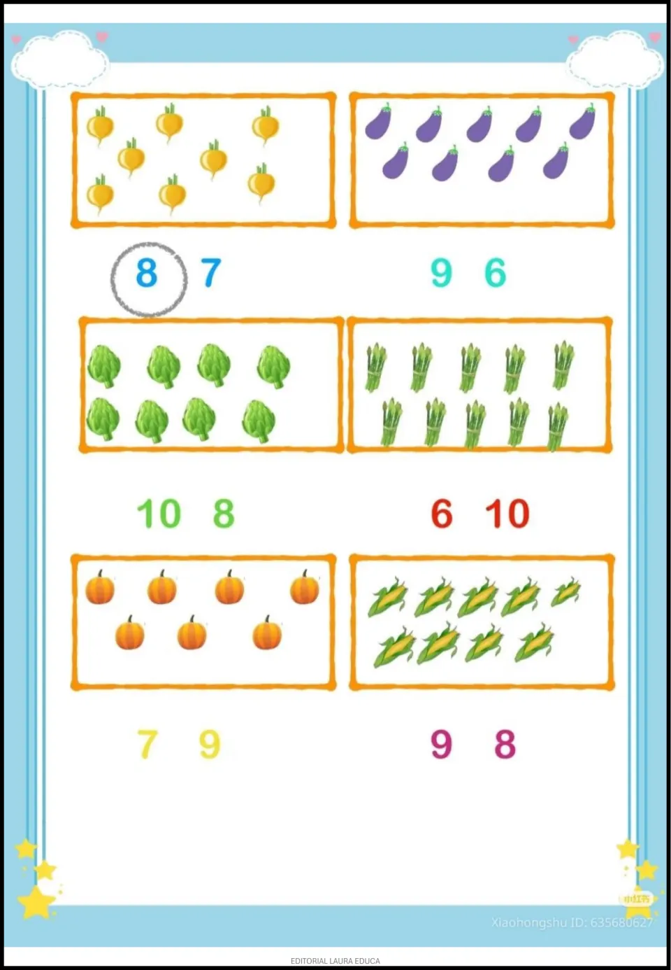 Count-and-circle activity with six vegetable groups and two number choices each; the first answer is 8