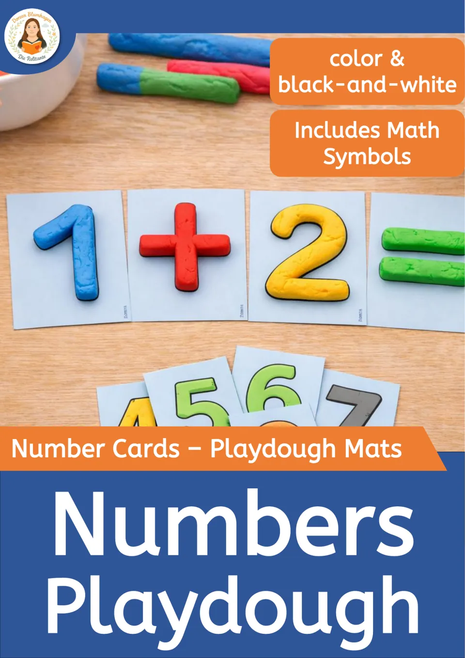 Numbers Playdough cover: number cards in color and black-and-white with math symbols, shown with dough forming 1 + 2 =