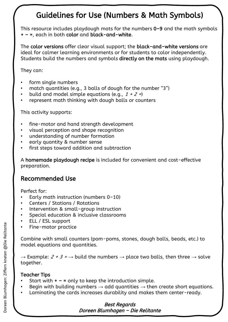 Guidelines for use: students form numerals 0–9, match dough-ball quantities and model equations like 2 + 3 = on the mats
