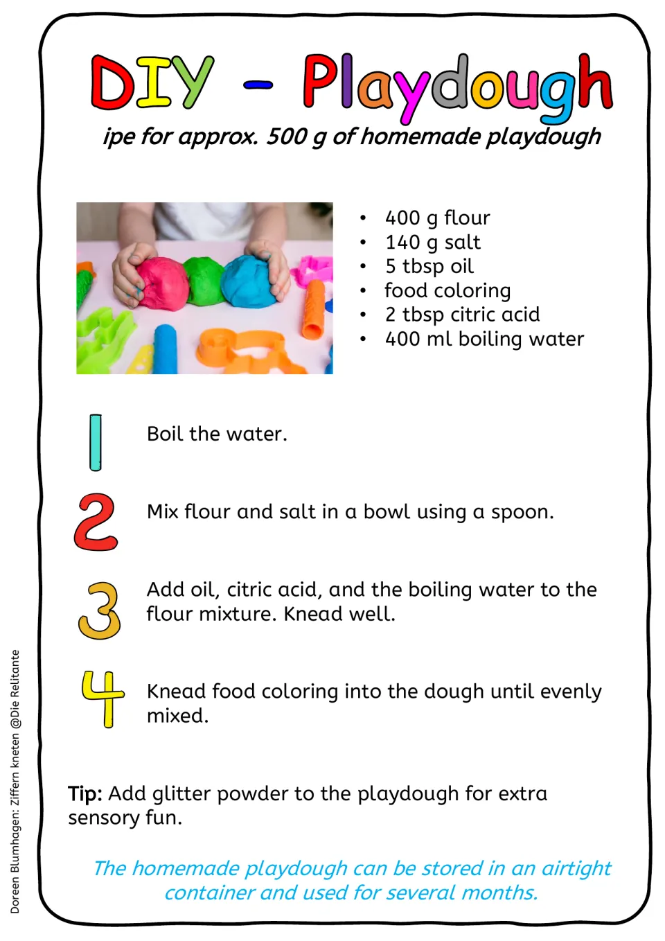 DIY playdough recipe: flour, salt, oil, food coloring, citric acid and boiling water combined in four numbered steps