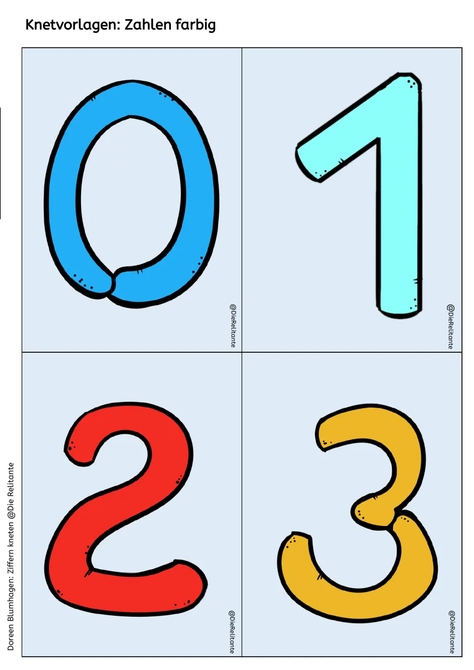 Color number mats for 0, 1, 2 and 3: students roll dough snakes and press them on each numeral to practise number formation