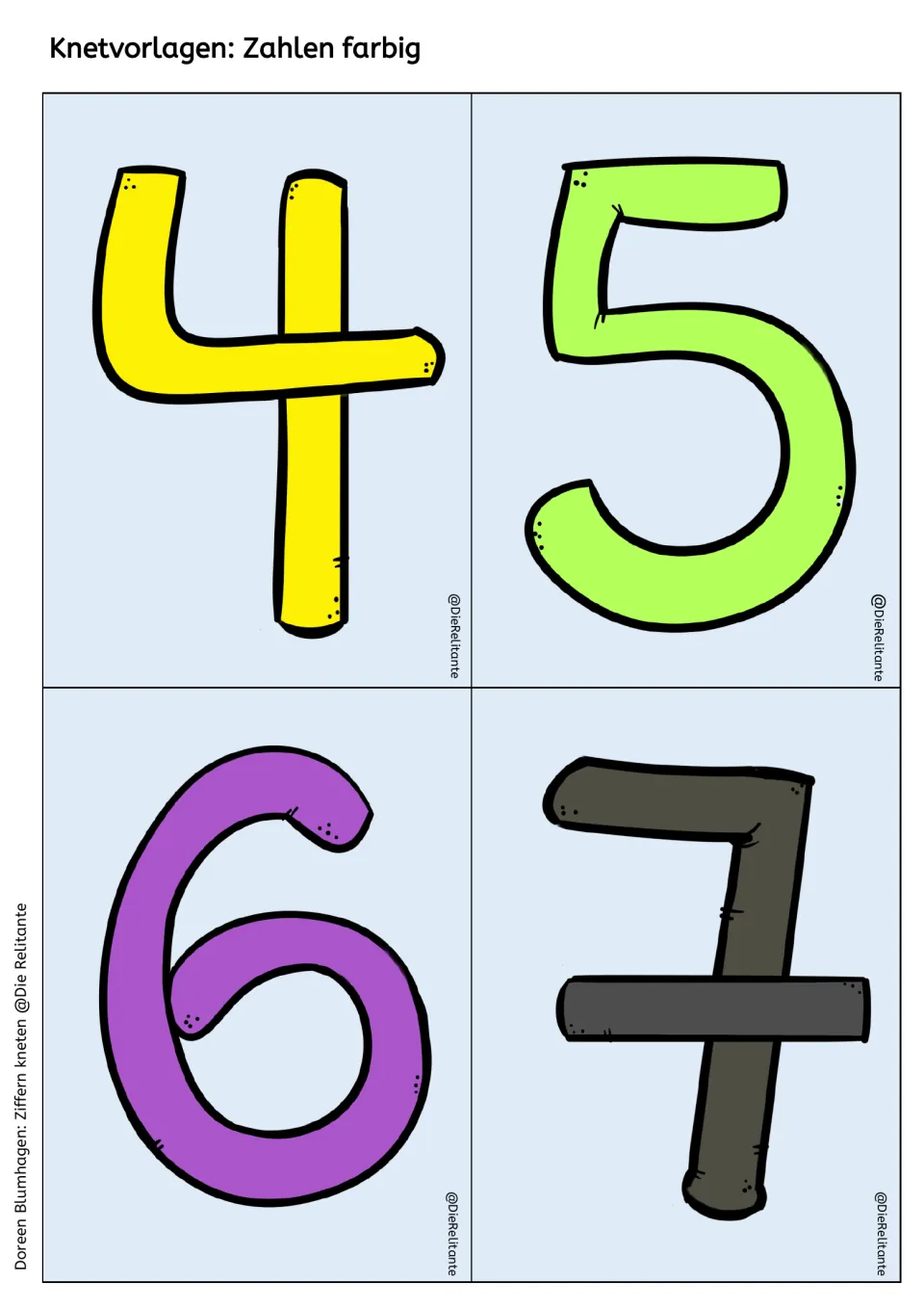 Color number mats for 4, 5, 6 and 7: children shape dough over each large numeral, then can add matching counters