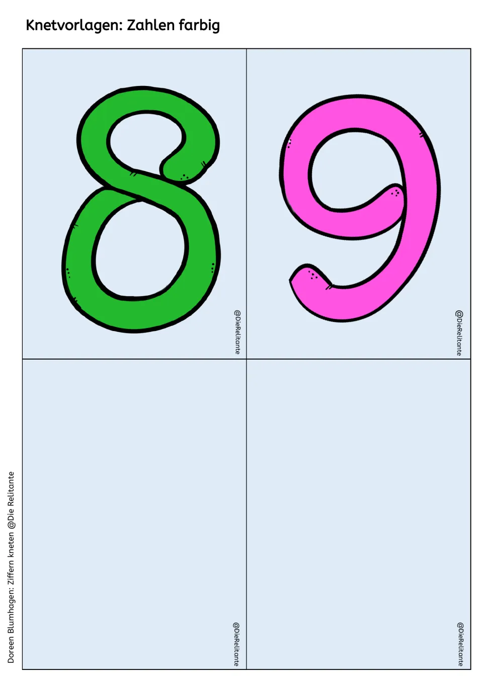 Color number mats for 8 and 9 with two blank cards: learners trace each numeral in dough to finish the digit set