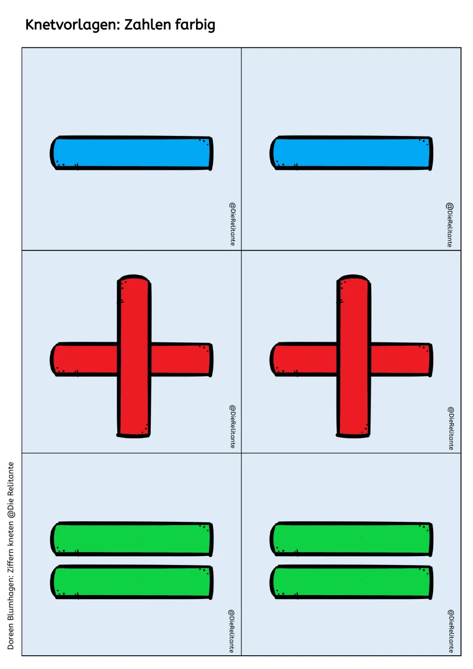 Color math symbol mats: two each of minus, plus and equals for students to build in dough when modeling simple equations