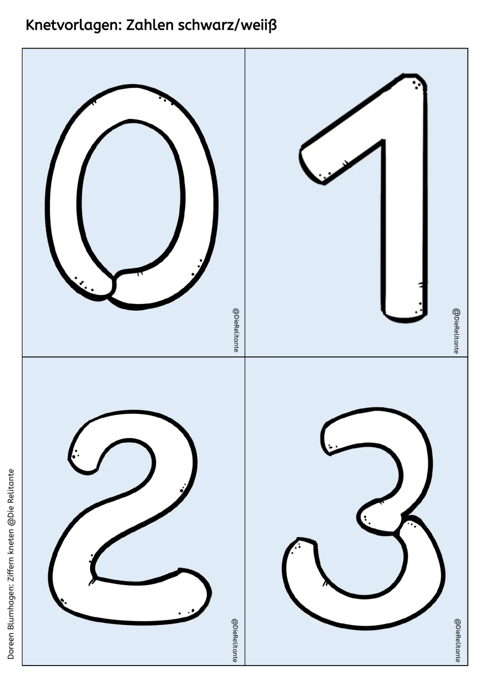 Black-and-white number mats for 0, 1, 2 and 3: outlined numerals students may color, then cover with rolled dough