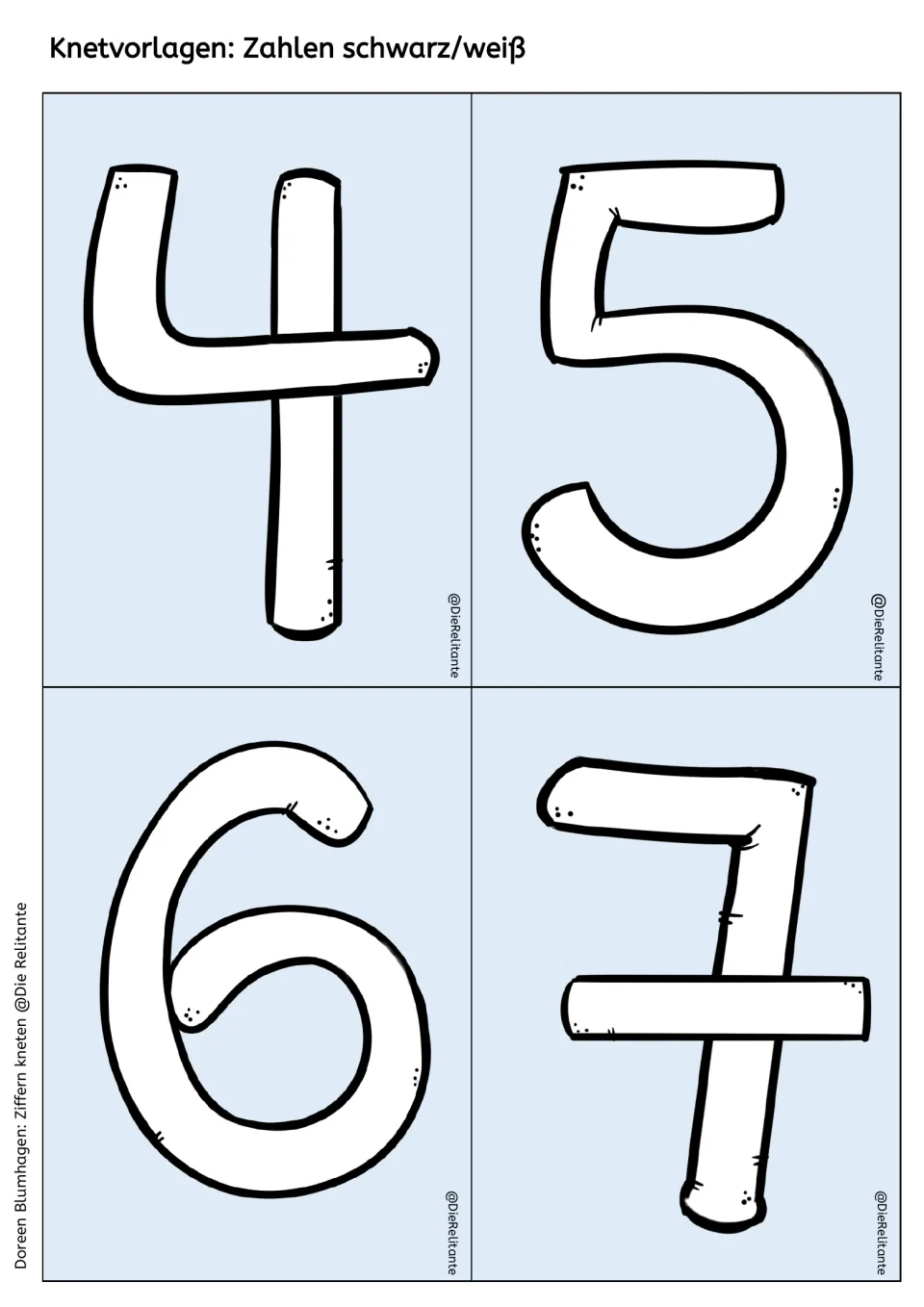 Black-and-white number mats for 4, 5, 6 and 7: outlined digits for students to fill with dough to practise forming numbers