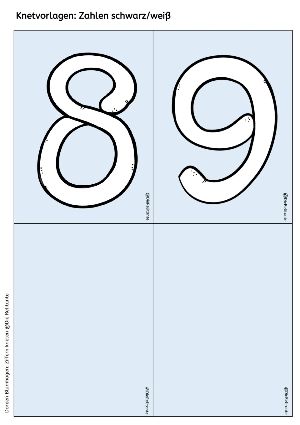 Black-and-white number mats for 8 and 9 plus two blank cards: outlined numerals to color and shape with modeling dough